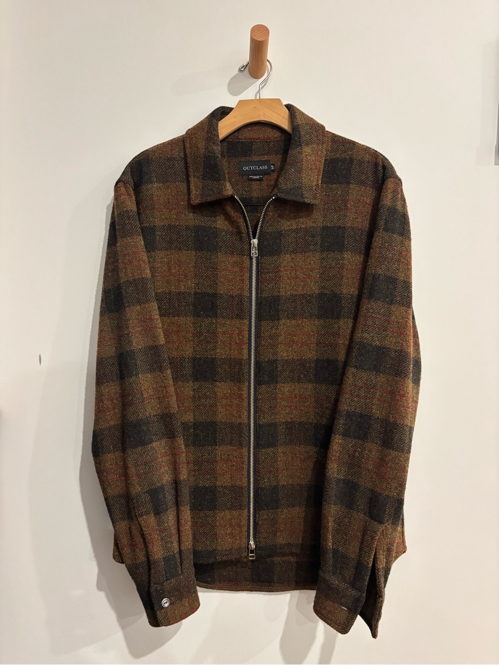 Outclass Brown Plaid Wool Zip Overshirt